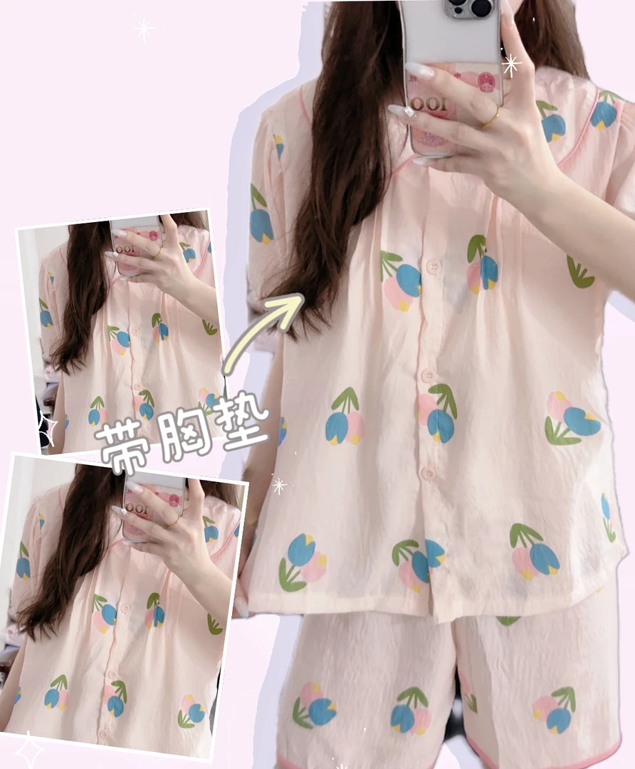 50-女士夏季娃娃领郁金香带胸垫开扣三件套