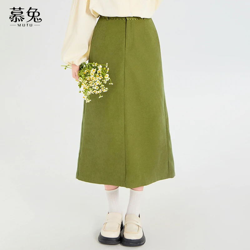 慕兔复古绿色中长款半身裙女2025新款小个子高腰显瘦A字裙子