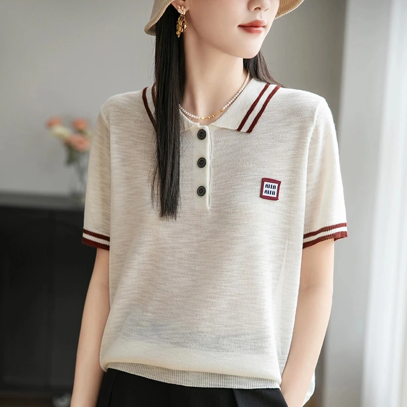 品牌2025新款翻领短袖夏季条纹T恤女薄款polo衫显瘦宽松上衣女