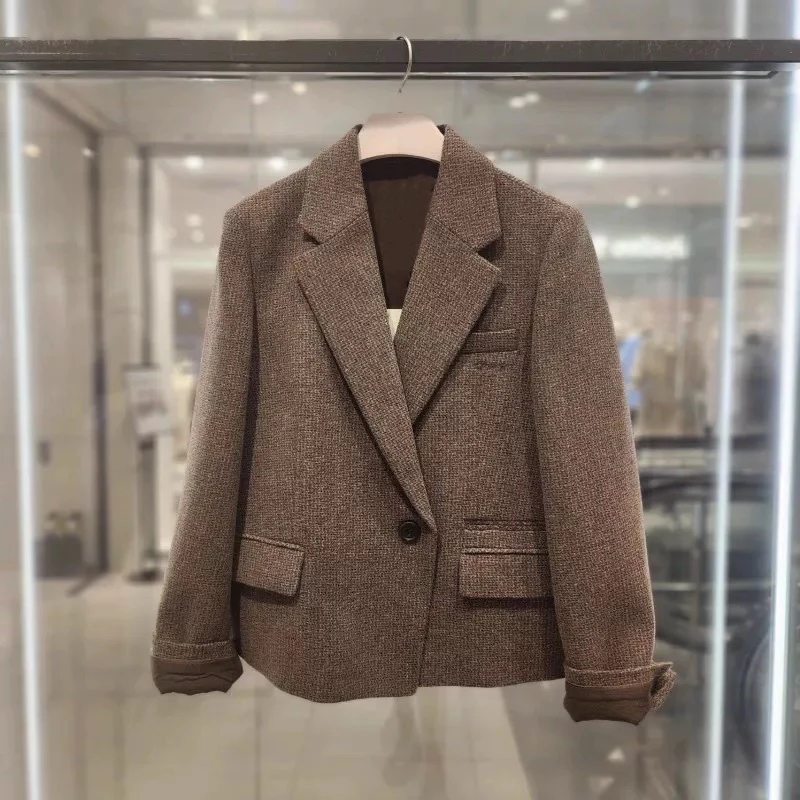 zooc春秋季咖色毛呢小西装外套女修身显瘦短款西服上衣