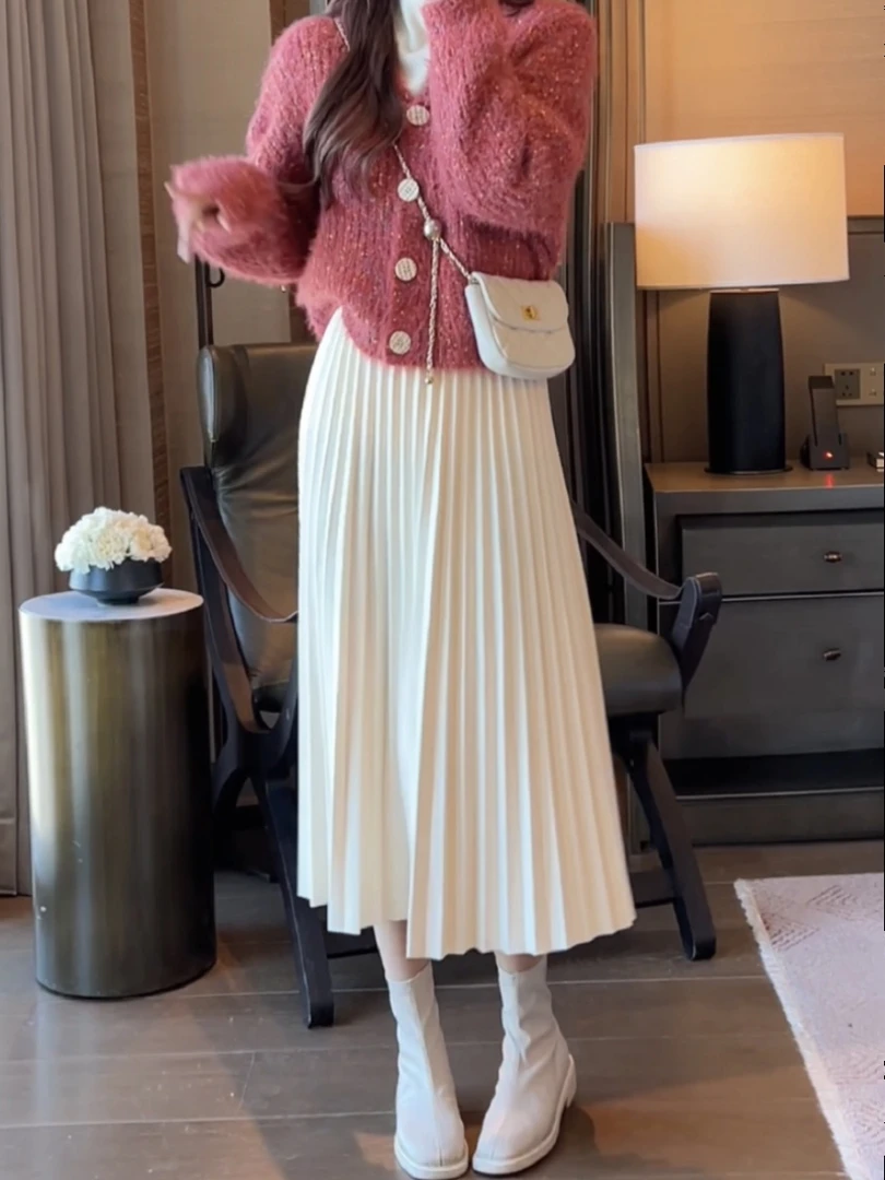 加厚毛呢白色半身裙百褶裙女秋冬2025新款高腰显瘦a字裙气质长裙