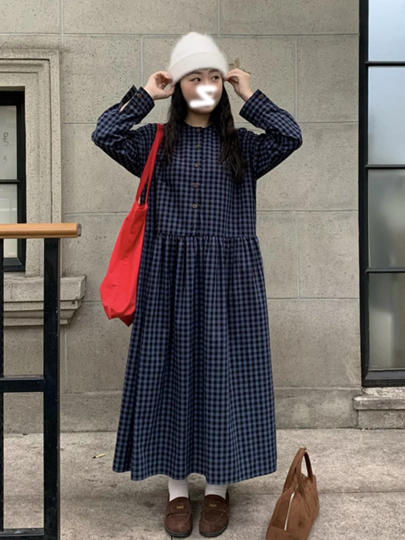 韩系复古长袖格子连衣裙女秋季新款法式小个子茶歇裙宽松气质长裙