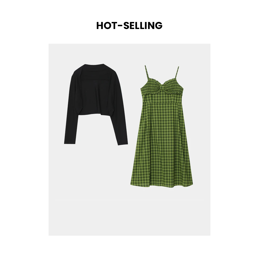 【五一狂欢】7681气质通勤风格纹吊带裙套装性感蝴蝶结两件套