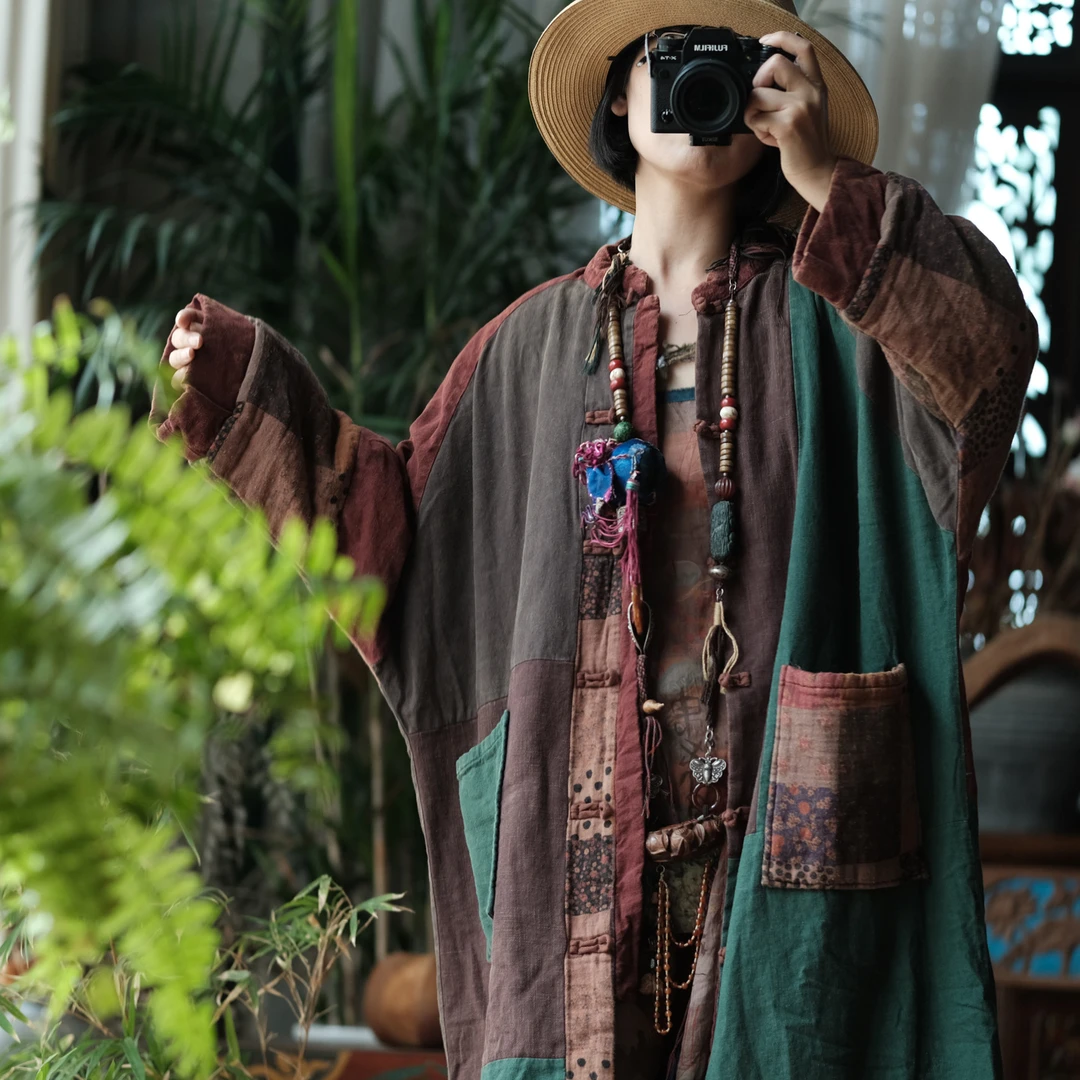 大口袋对襟长夹棉棉衣拼接外套2136挽花咖拼新中式冬季女士国风