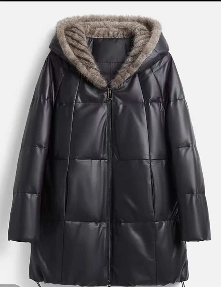 海宁真皮绵羊皮羽绒连帽中长款女休闲韩版加厚