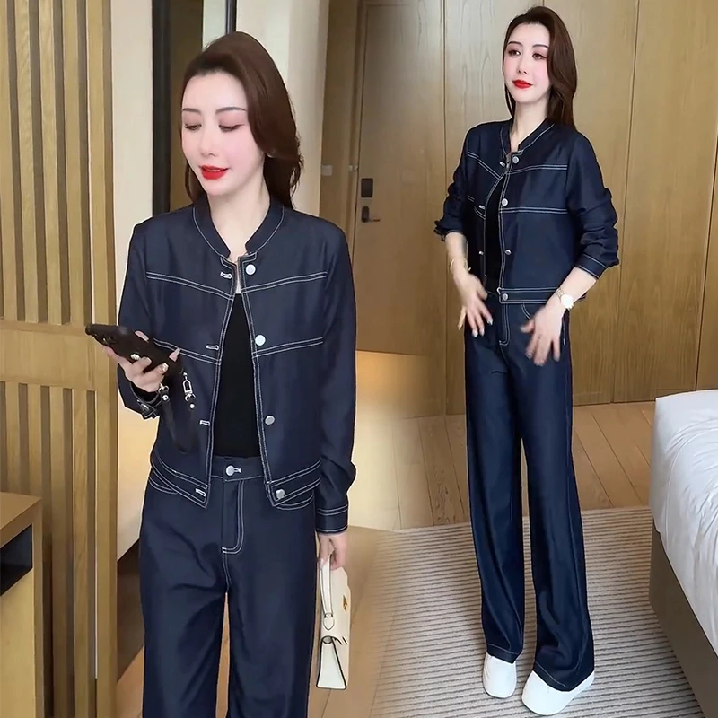 时尚牛仔套装女2025春秋新款网红休闲洋气短外套阔腿裤两件套