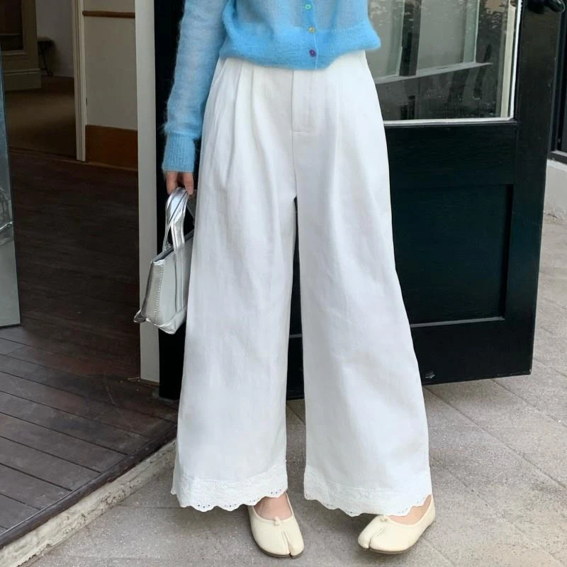 裤脚蕾丝拼接休闲裤女2025早秋新款松紧直筒宽松阔腿高腰薄款长裤