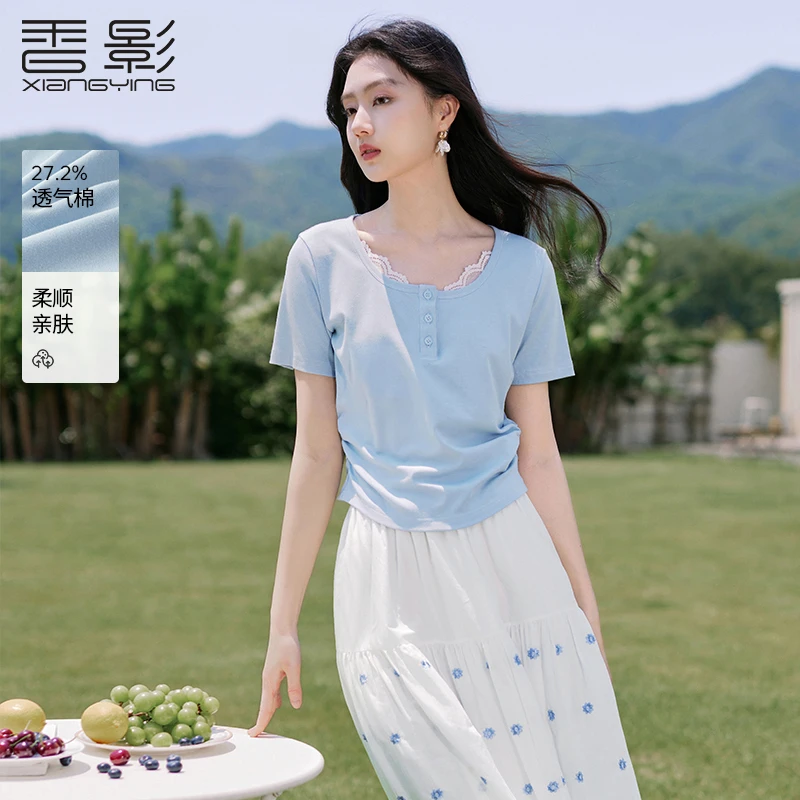 【直播专享】T85S766 T恤 香影蕾丝拼接正肩T恤女短袖夏季新款