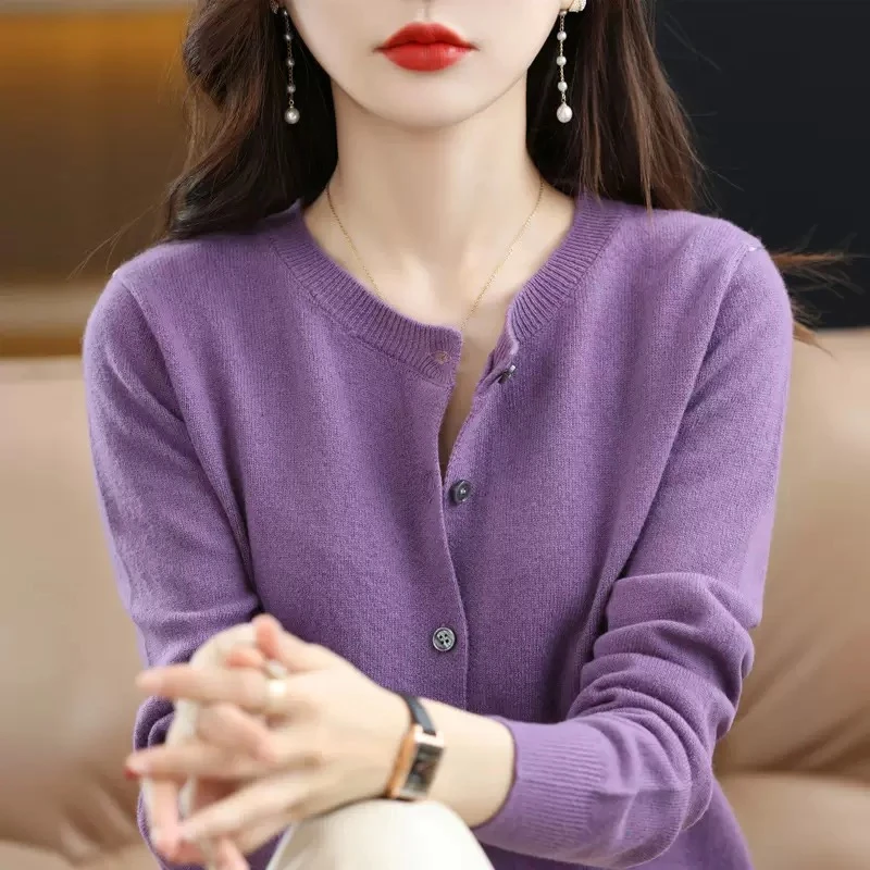 针织开衫春秋圆领毛衣女长袖纯色百搭外套女装Z071