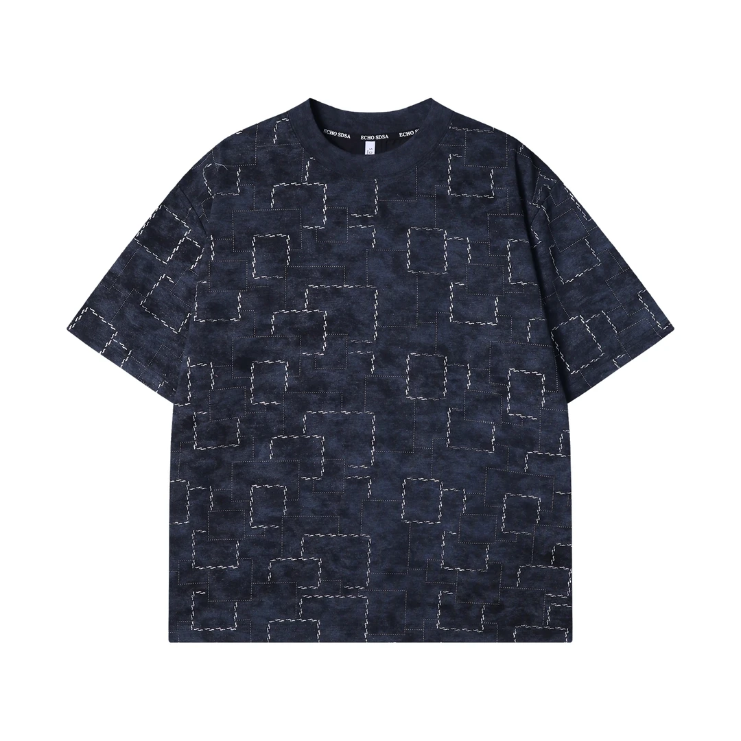 夏季高级感新款韩版洒金不规则格子圆领短袖T恤时尚休闲宽松上衣