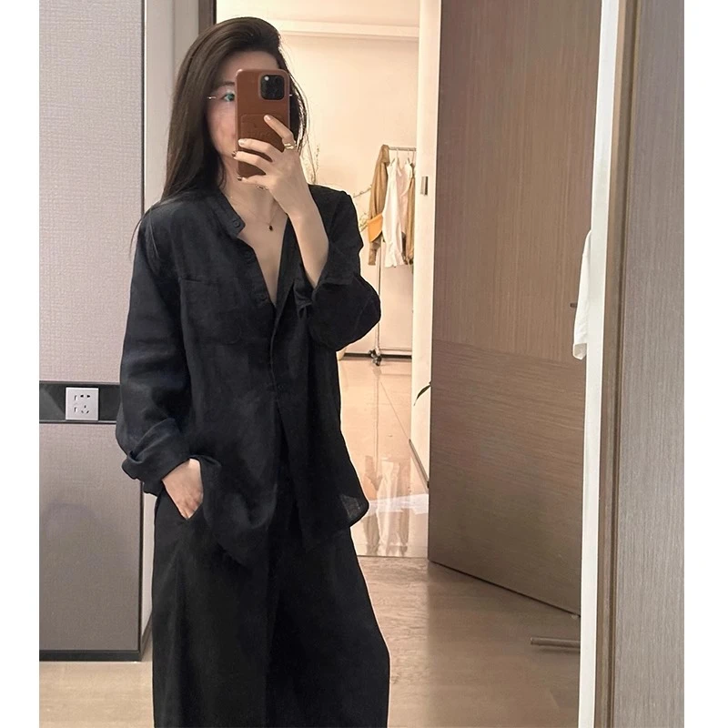 气质通勤黑色衬衫套装女2025夏季休闲慵懒风宽松防晒衣长裤两件套