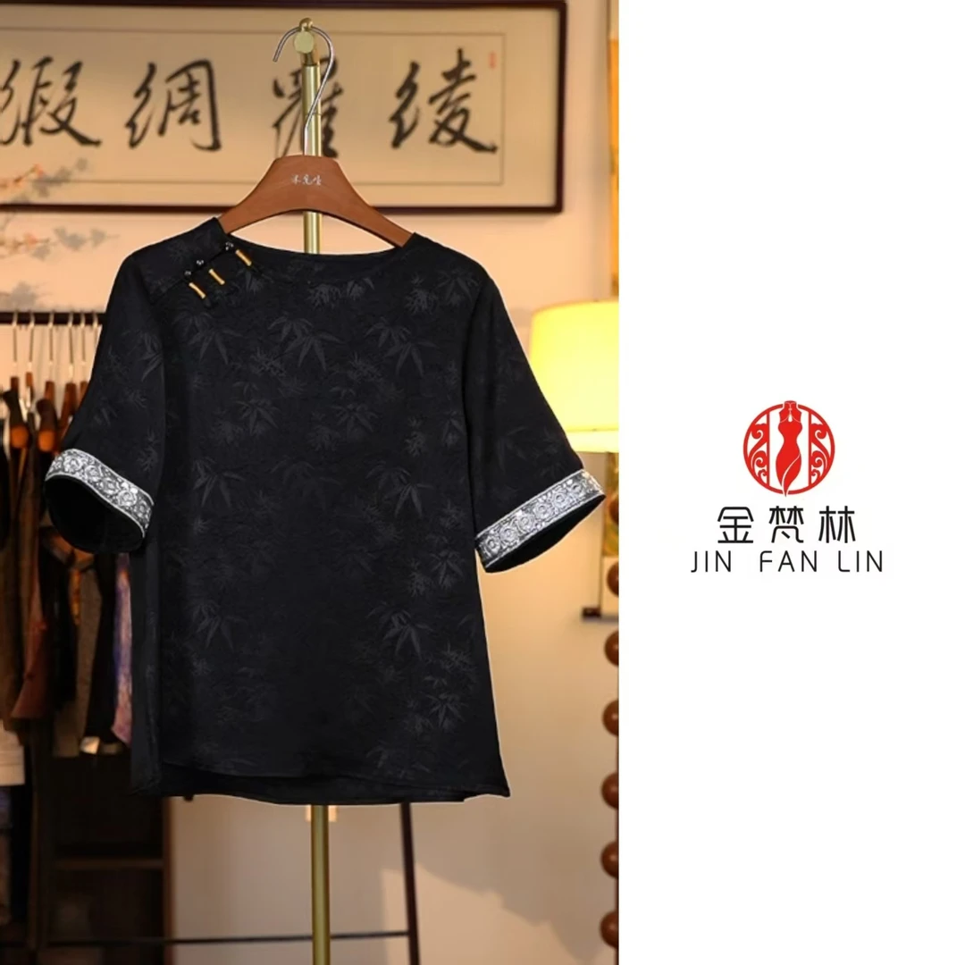 【尺幅千里】新中式中国风提花斜襟亮片竹子圆领短袖小上衣1307