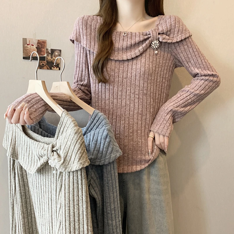 A0696秋装新款胖mm大码女甜美设计感蝴蝶结方领别致长袖上衣Q