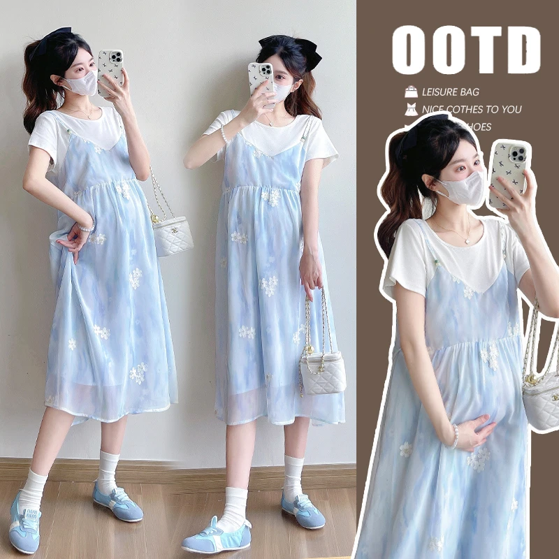 2025夏季新款孕妇装韩版显瘦棉T恤拼接雪纺刺绣假两件孕妇连衣裙