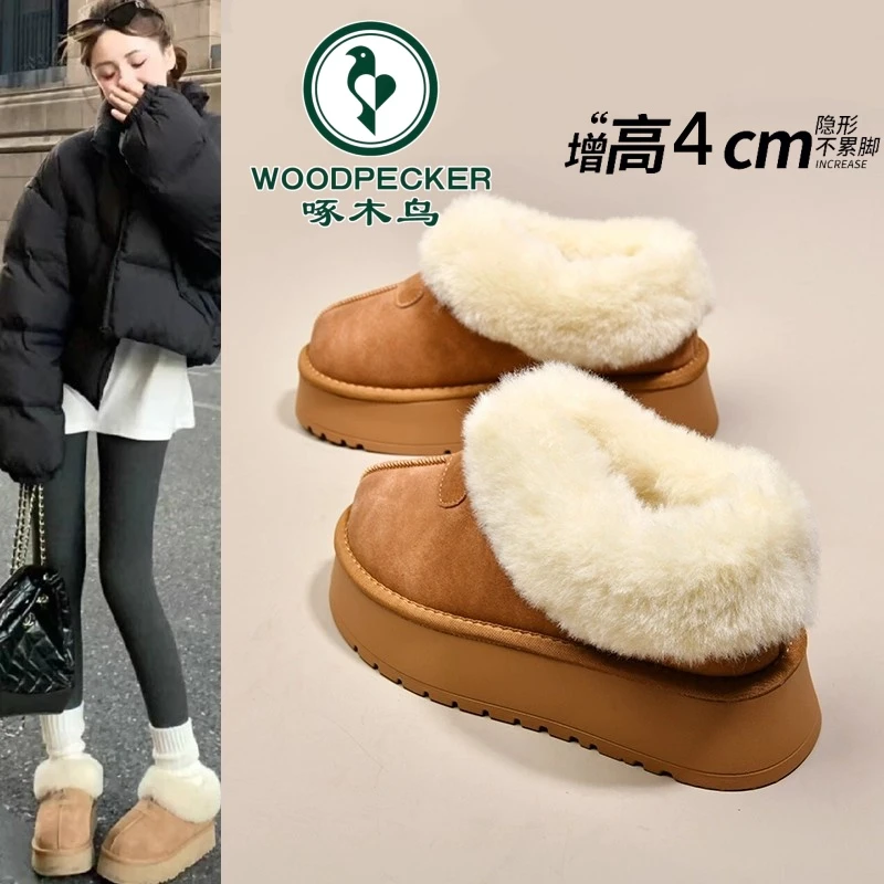 啄木鸟厚底防水雪地靴女2025年冬季新款一脚蹬加绒保暖棉鞋毛毛鞋