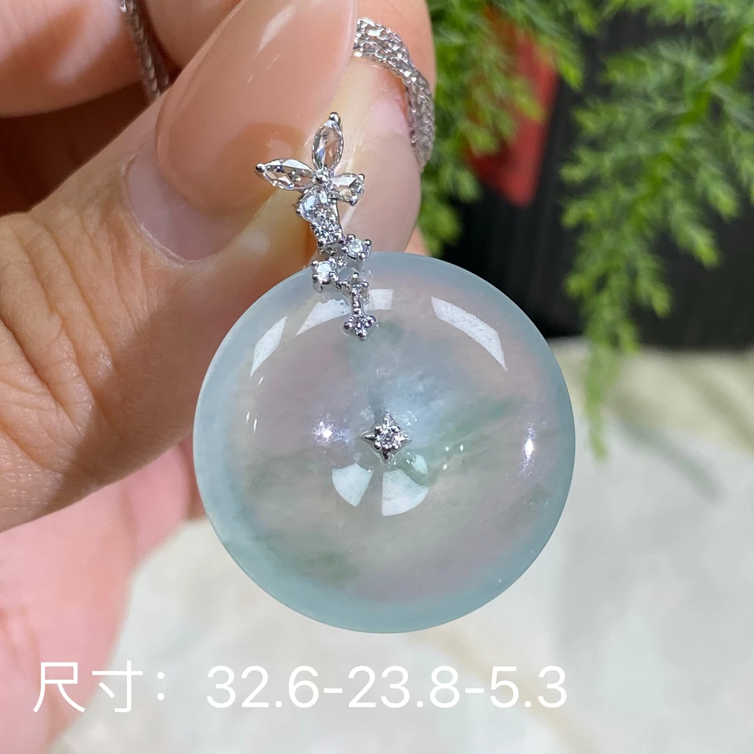 莱韵翡翠 18K金镶嵌冰透飘花平安扣 缅甸天然A货翡翠