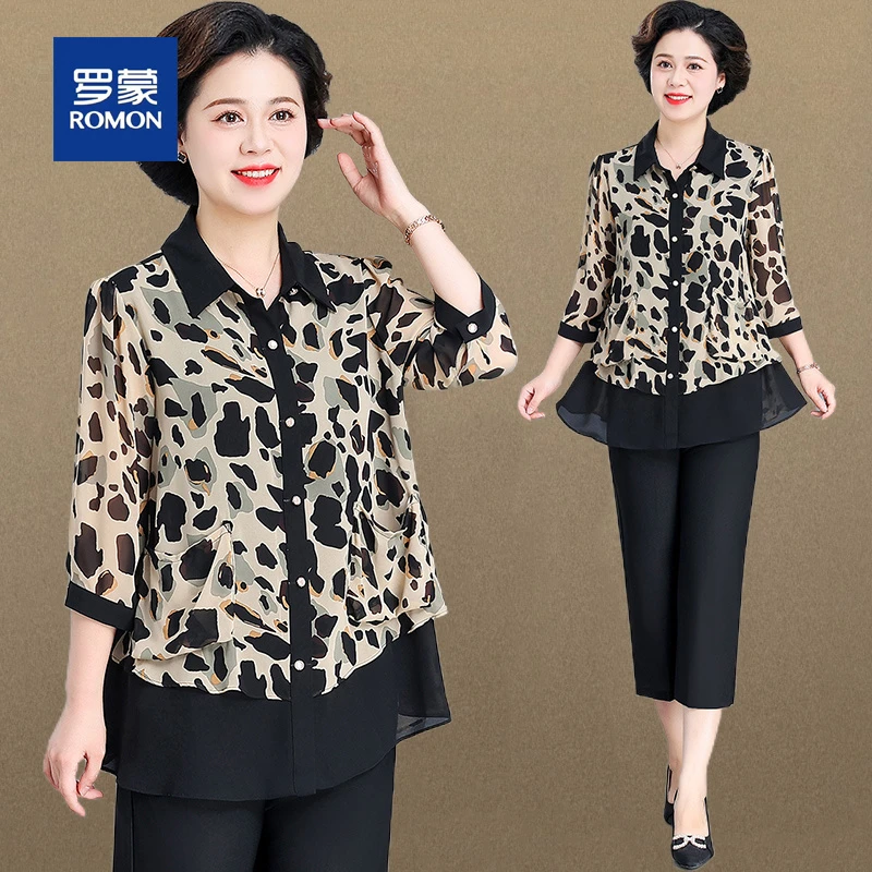 罗蒙中老年人妈妈夏装套装女洋气宽松减龄雪纺小衫女奶奶上衣服