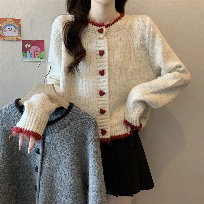 KANING拼色爱心纽扣针织开衫女2025早秋新款慵懒风软糯毛衣外套女