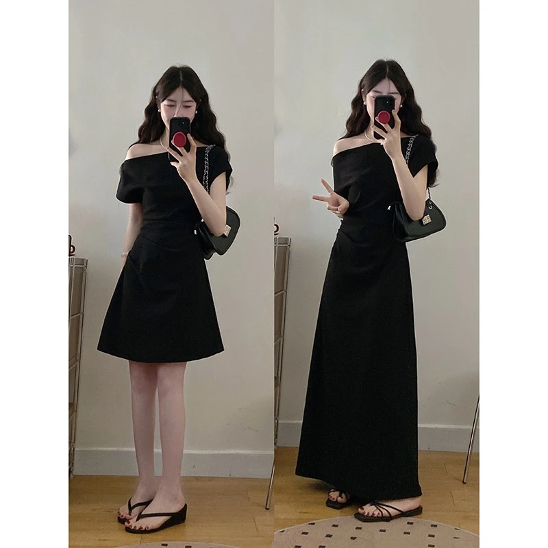 大码赫本风高级感连衣裙女夏季气质小黑裙胖MM遮肚子显瘦新款裙子