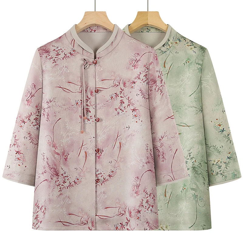 奶奶夏装衬衫中老年人七分袖上衣70岁老太太盘扣衣服老人衬衣洋气