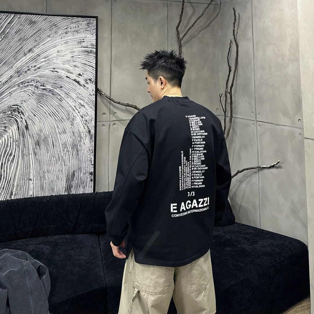 到位男装25ss春季重磅400g纯棉休闲百搭磨破长袖T恤89309