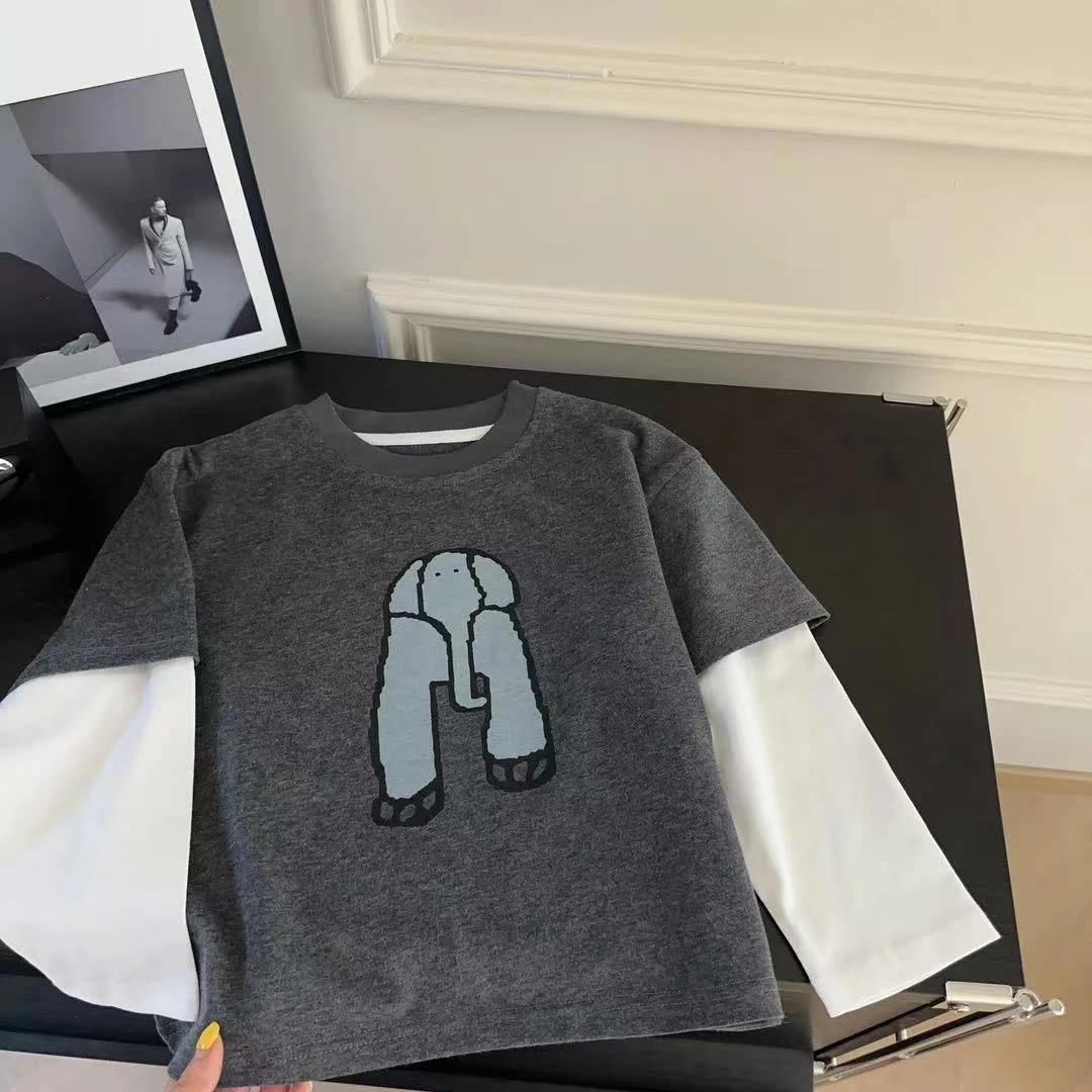 2025新款秋季儿童韩版宽松假两件卡通印花长袖T恤休闲百搭
