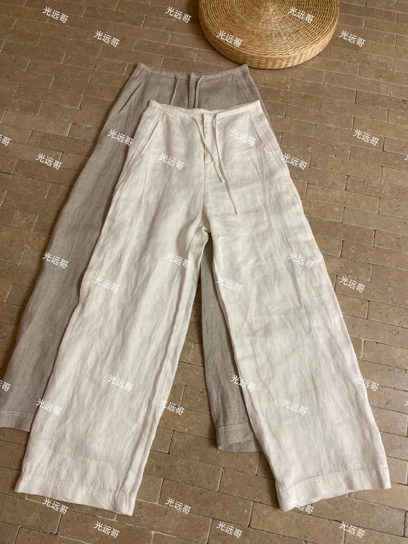 100亚麻拉劳风 清冷侘寂 弯刀阔腿裤来自欧美法国S01-35711