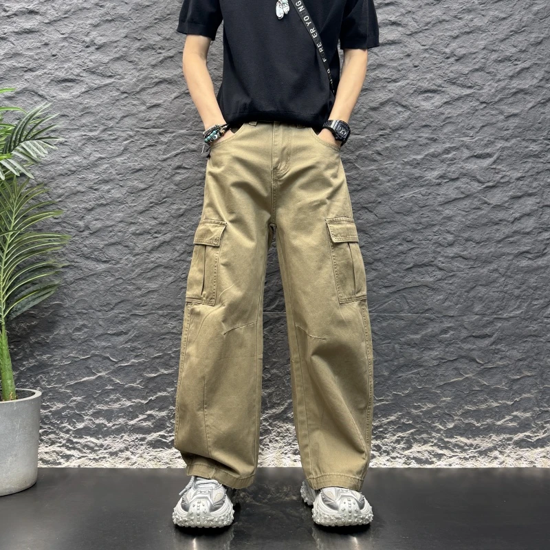 弯刀纯色褶皱拼接牛仔工装裤2025秋冬新款秋冬美式男款弯刀牛仔裤