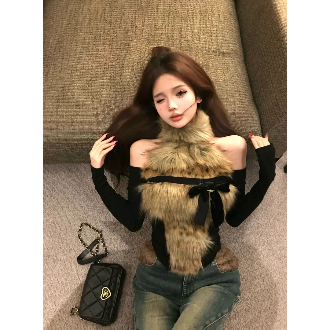 纯欲性感辣妹风显瘦长袖T恤女秋季新款毛毛拼接高领露肩百搭上衣