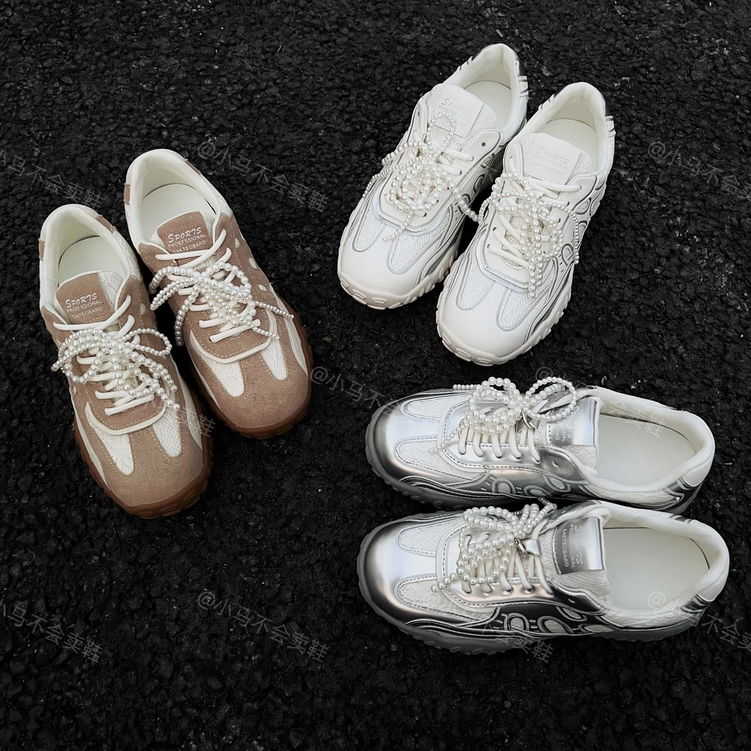 小马家 叁里减龄珍珠双鞋带拼接圆头德训鞋女新款休闲百搭阿甘鞋