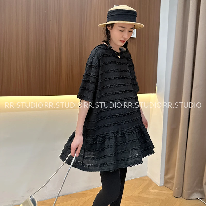 孕妇装夏季新款肌理感短袖上衣大码中长款荷叶边上衣DY2042