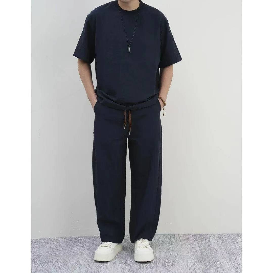 轻奢净版老钱风休闲套装男夏季新款宽松百搭短袖T恤直筒裤两件套