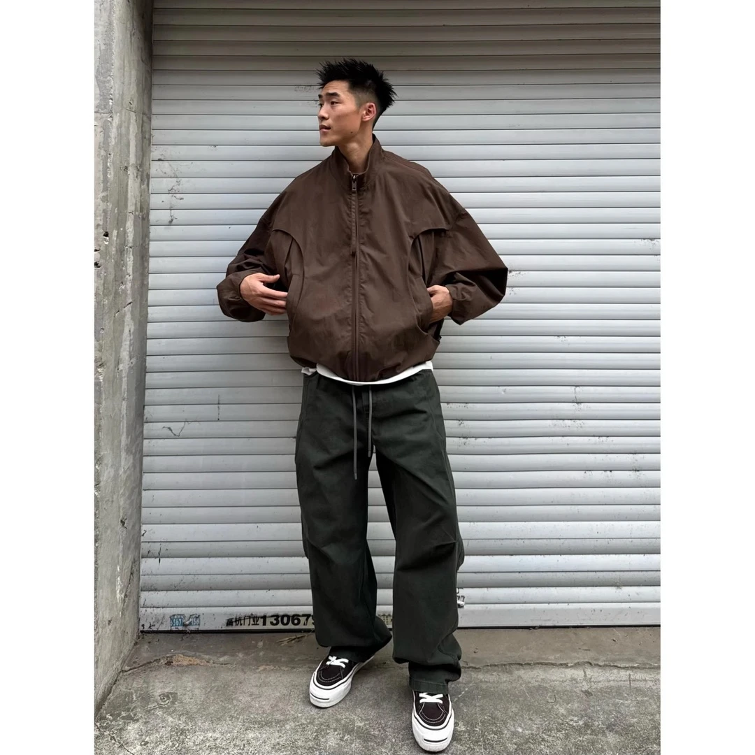 bomber廓形弯刀袖外套男款秋季解构拼接立领冲锋衣短款飞行员夹克