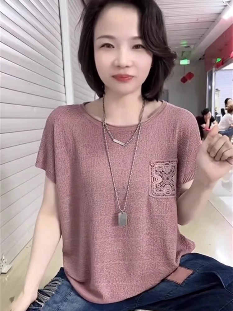 网红新款冰丝针织衫洋气短袖t恤女2025夏季大码宽松显瘦上衣圆领