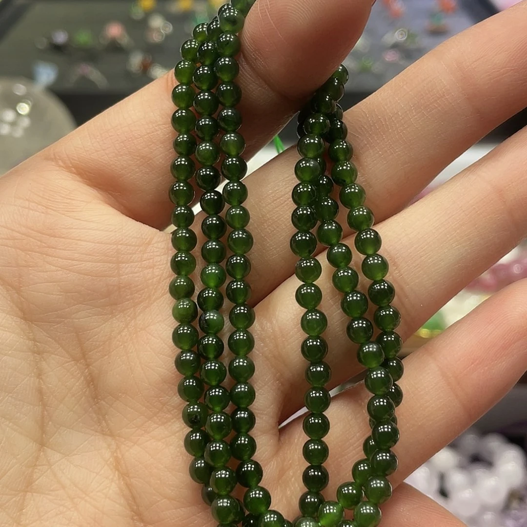 和田玉未镶嵌手串菠菜绿三圈3M+
