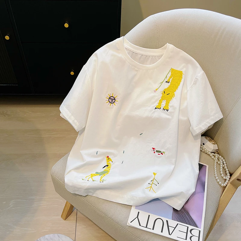 100棉麻圆领动物刺绣短袖T恤女夏季2025新款设计感宽松显瘦上衣潮