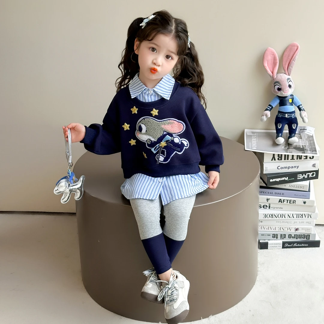 女童兔子警官套装秋装2025新款女宝宝假两件衬衫朱迪衣服两件套棉