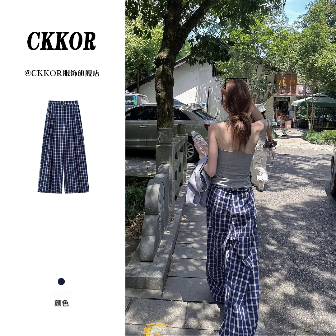 CKKOR夏季新款休闲百搭阔腿格子裤女显瘦宽松韩版设计感清凉穿搭