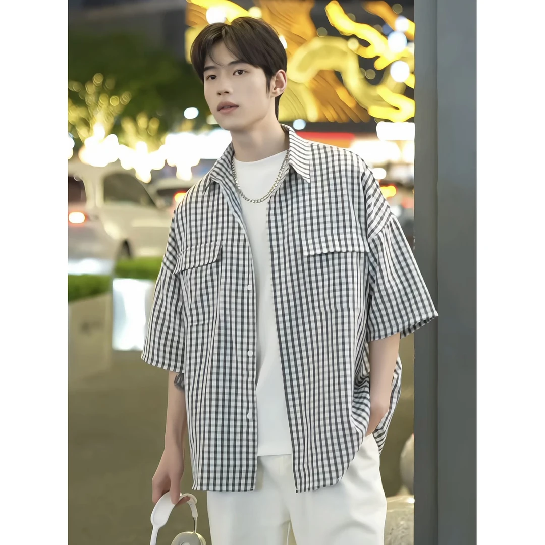 短袖衬衫男士夏季格子衬衣外套男宽松休闲百搭潮流青少年半袖寸衫