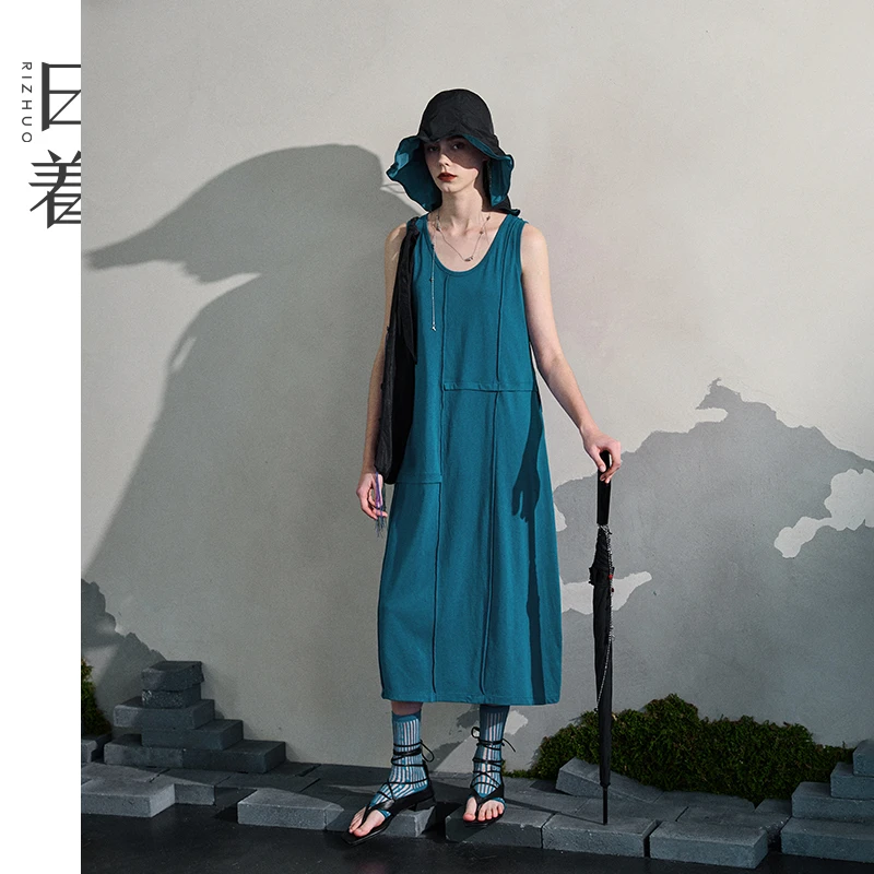 日着侠2025夏季新款梨型针织无袖连衣裙拼接流行中长裙女RD2551L3
