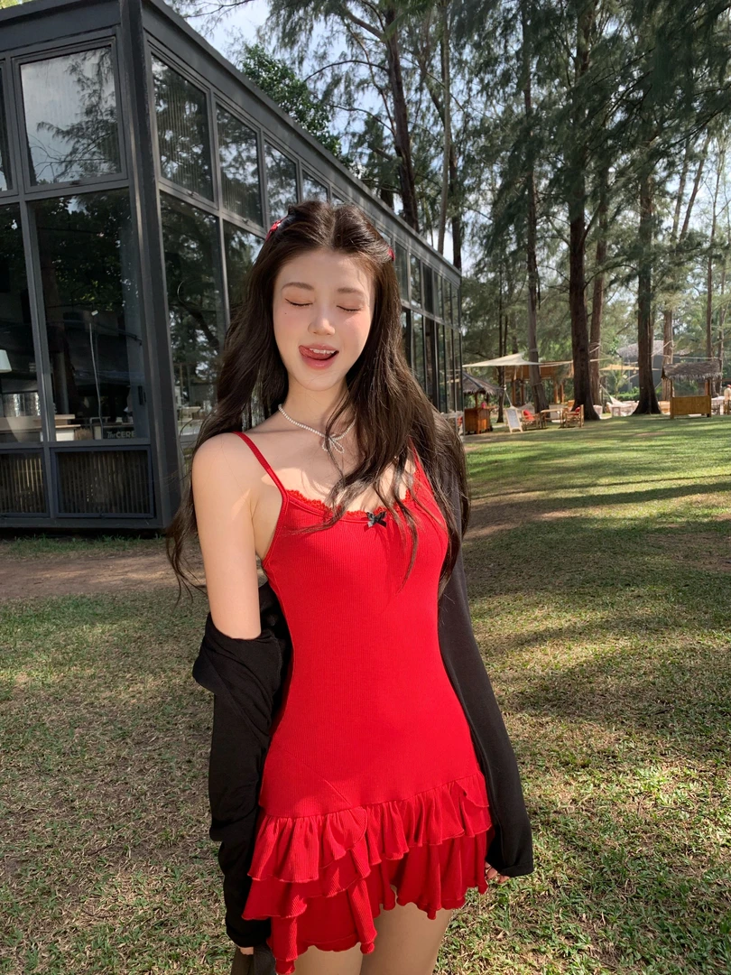 不冷BULENG甜辣妹红色短款开衫外套女春夏纯欲针织开衫小众