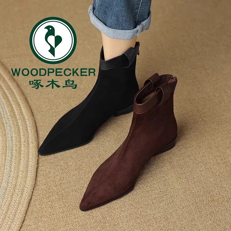 啄木鸟柔软软皮复古西部牛仔靴女粗跟短靴冬磨砂软皮尖头切尔西靴