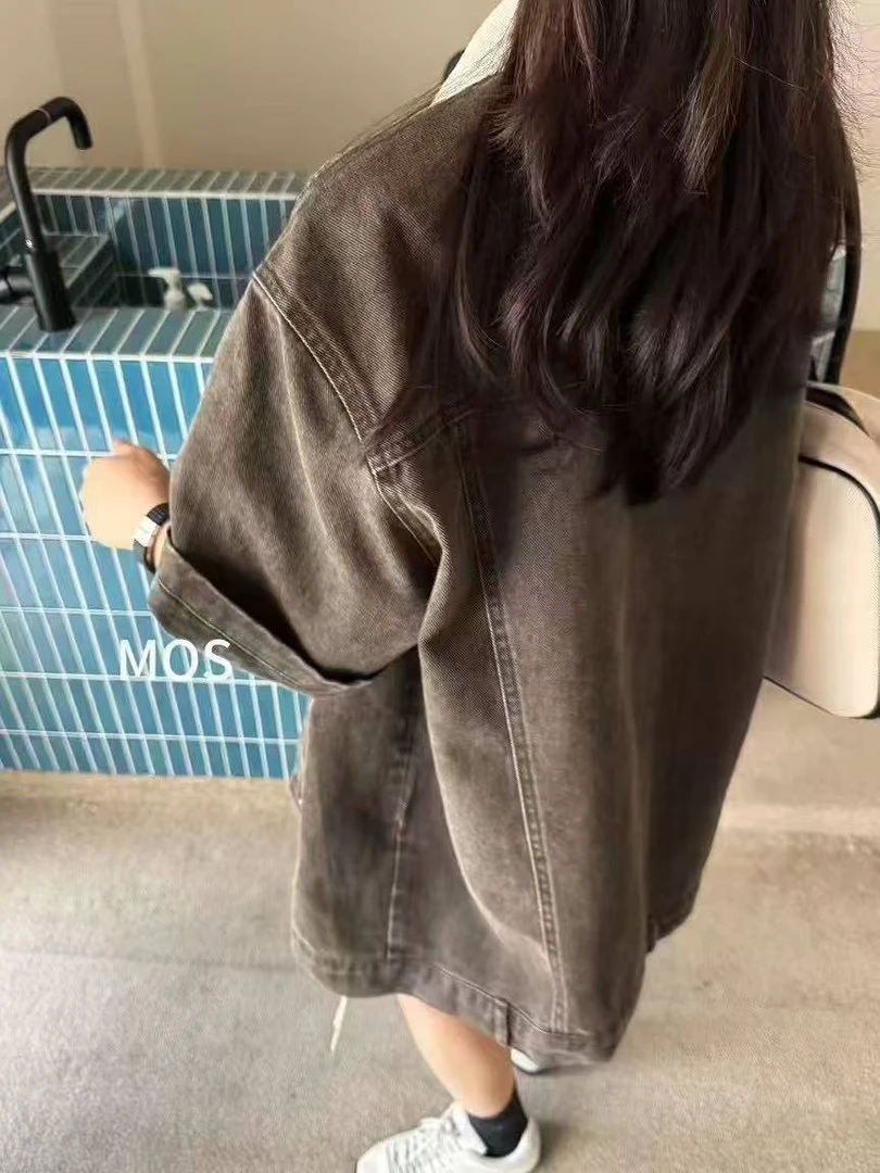 INS风休闲风牛仔套装短款皮衣休闲韩版洋气做旧复古百搭夹克衬衫