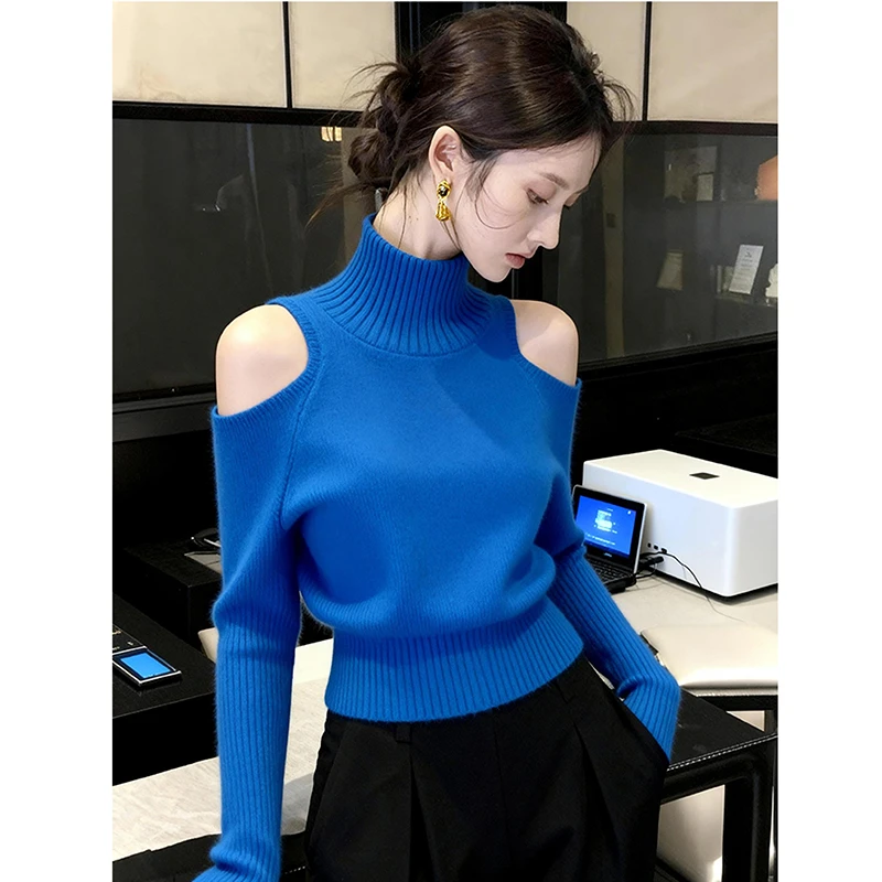 蓝色半高领露肩设计感修身针织衫毛衣可外穿内搭女秋冬高级感上衣