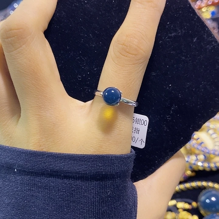 蓝珀银S925镶嵌珠宝奇石墨西哥蓝珀戒指