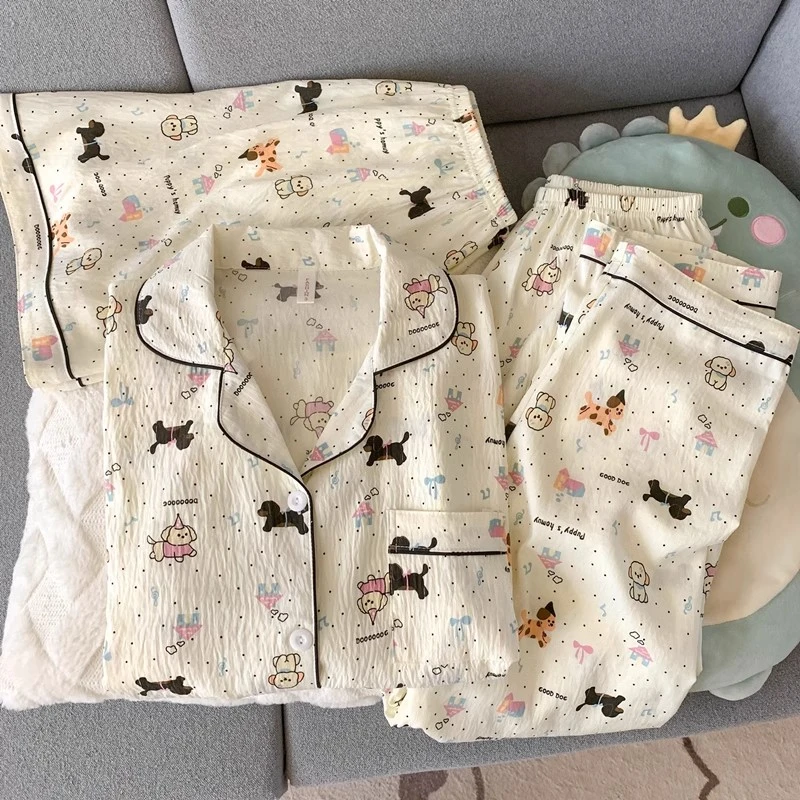 2025新款睡衣女夏季薄款日系ins风卡通小狗短袖长裤三件套家居服