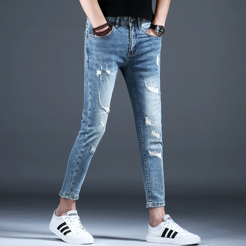 男款夏季薄款破洞牛仔裤夏季薄款高端修身小脚潮流乞丐长裤子弹力