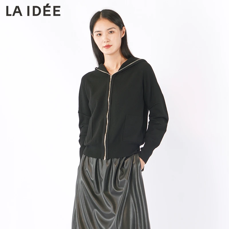 【粉丝专享】LAIDEE女针织开衫百搭宽松连帽长袖黑色简约女装薄款
