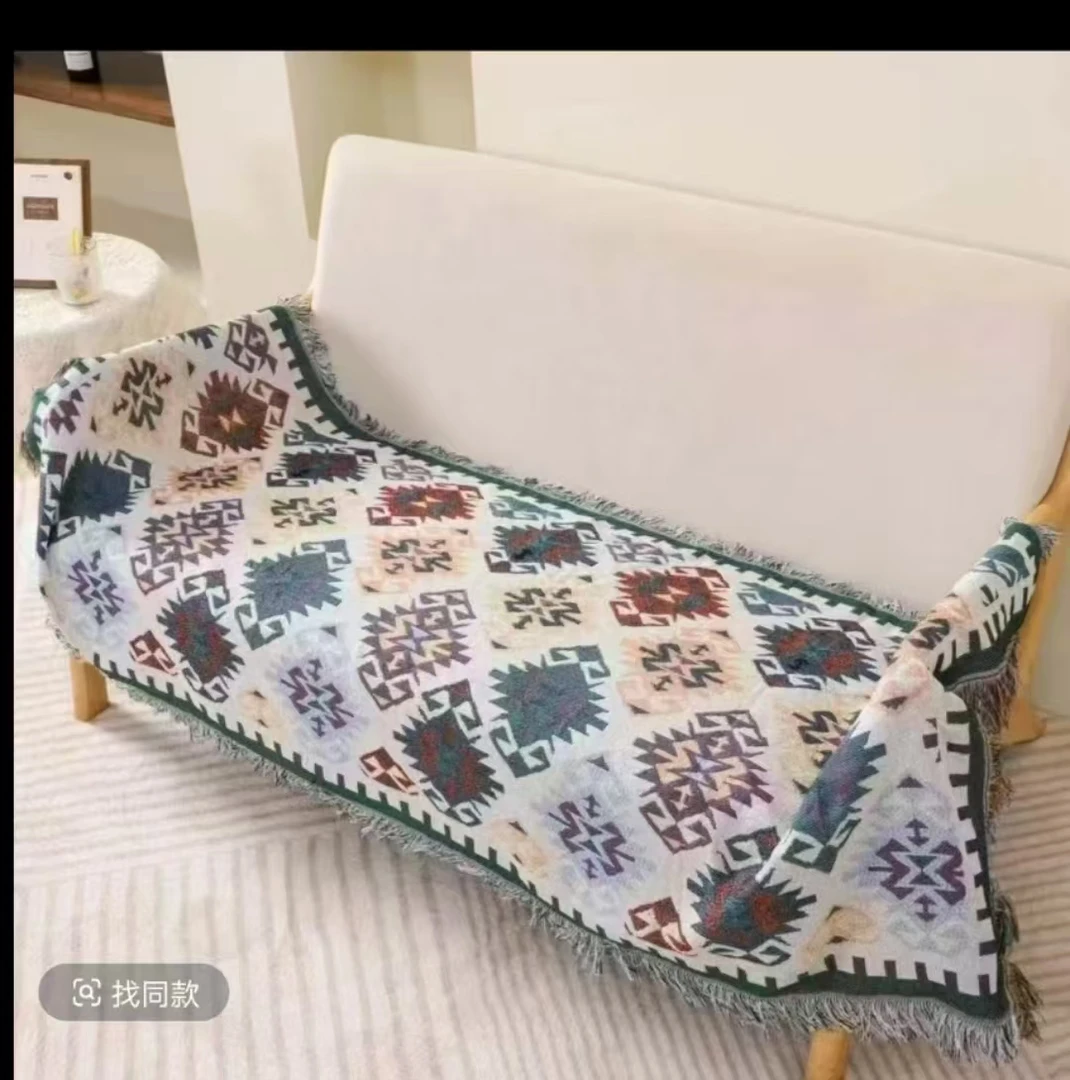 【菱形格】  斜纹编制流苏多用床盖 飘窗垫 沙发巾可当浴巾80/180