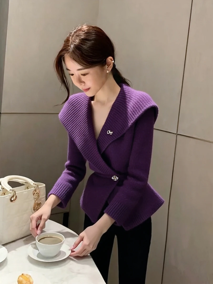 紫色斗篷毛衣女冬季高级感小众独特漂亮巨好看气质掐腰针织衫上衣
